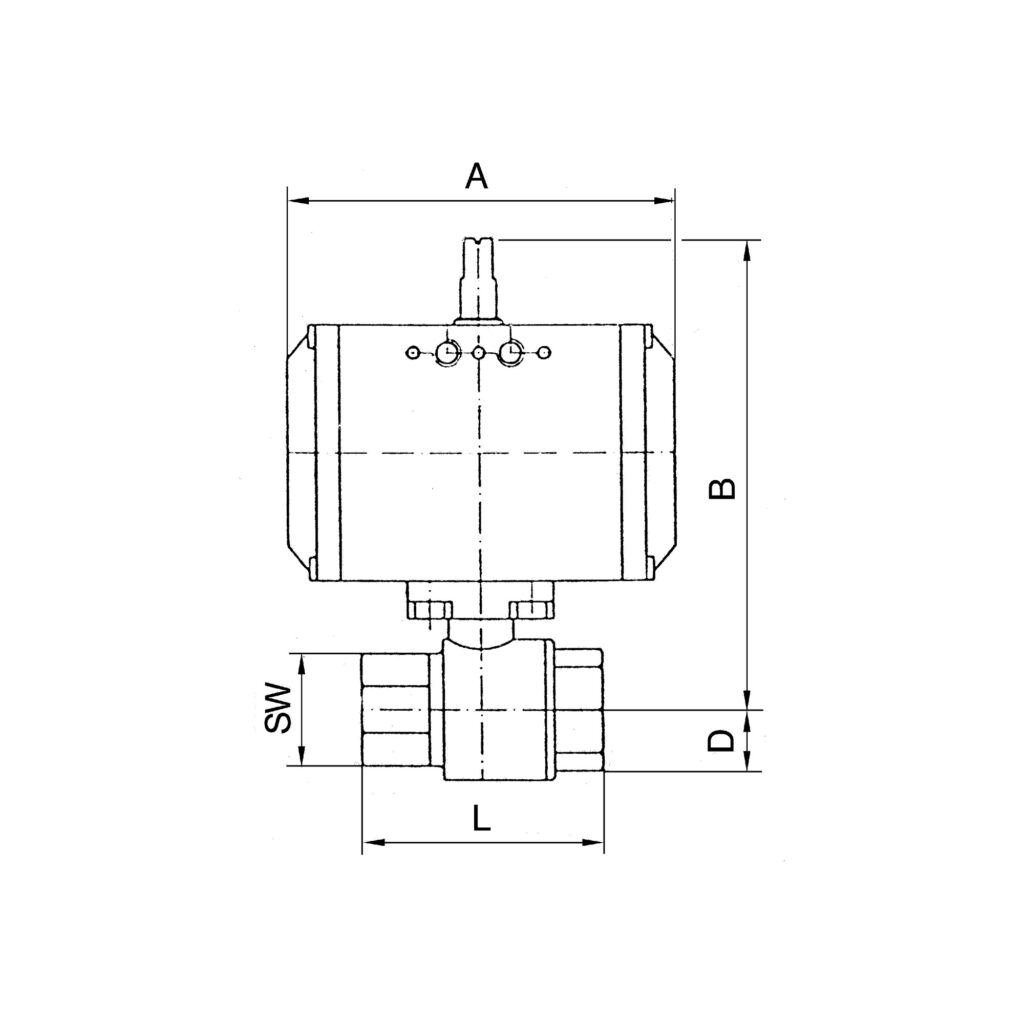Messingkugelhahn, pneumat. Stellantrieb doppeltwirk., Rp1/2 L=133