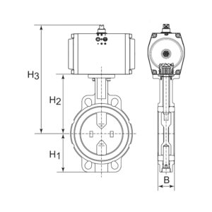 Zwischenflansch-Absperrklappe, pneu. Stellantrieb doppeltw. DN 40